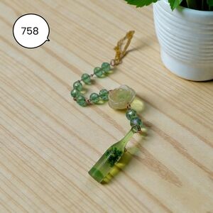 Green Bottle Car Charm – Handmade Beaded Rearview Mirror Decor